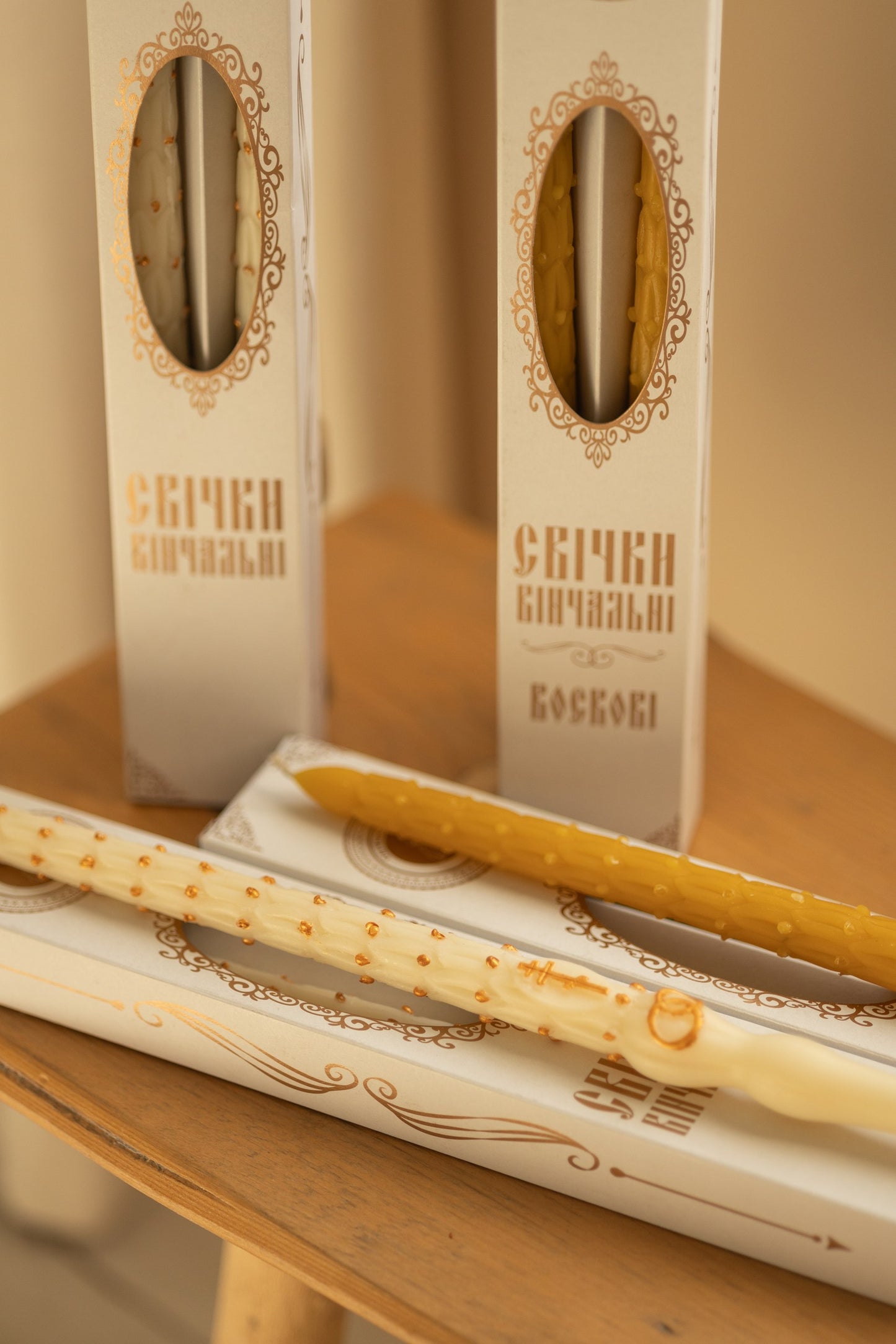 2 pcs. white festive candles with handle, pure beeswax, in packaging, handmade 42cm