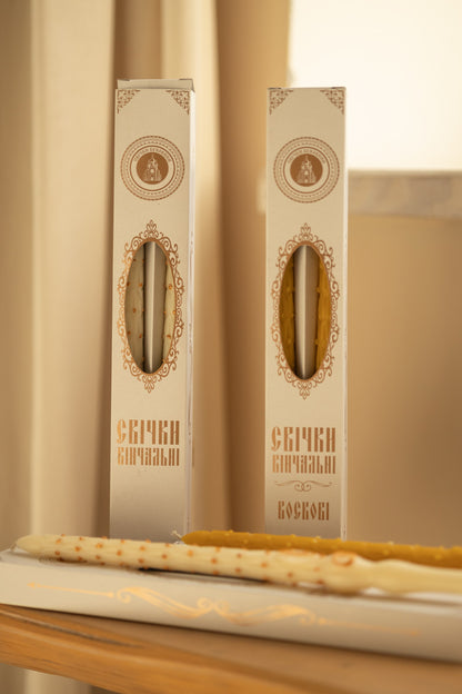 2 pcs. white festive candles with handle, pure beeswax, in packaging, handmade 42cm