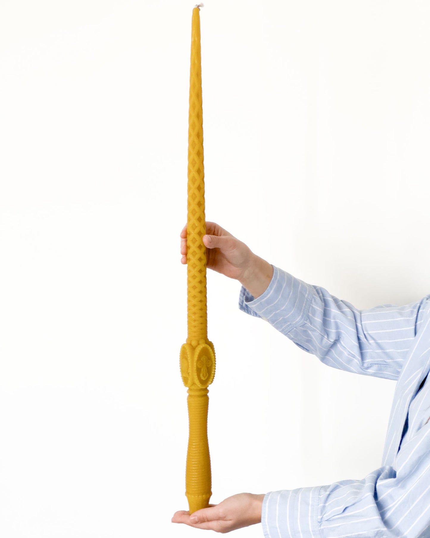 1 pc Long Ritual Candle with Handle – 80 cm – Pure Beeswax, 72 Hour Burning Time, Saint Motifs – Handmade