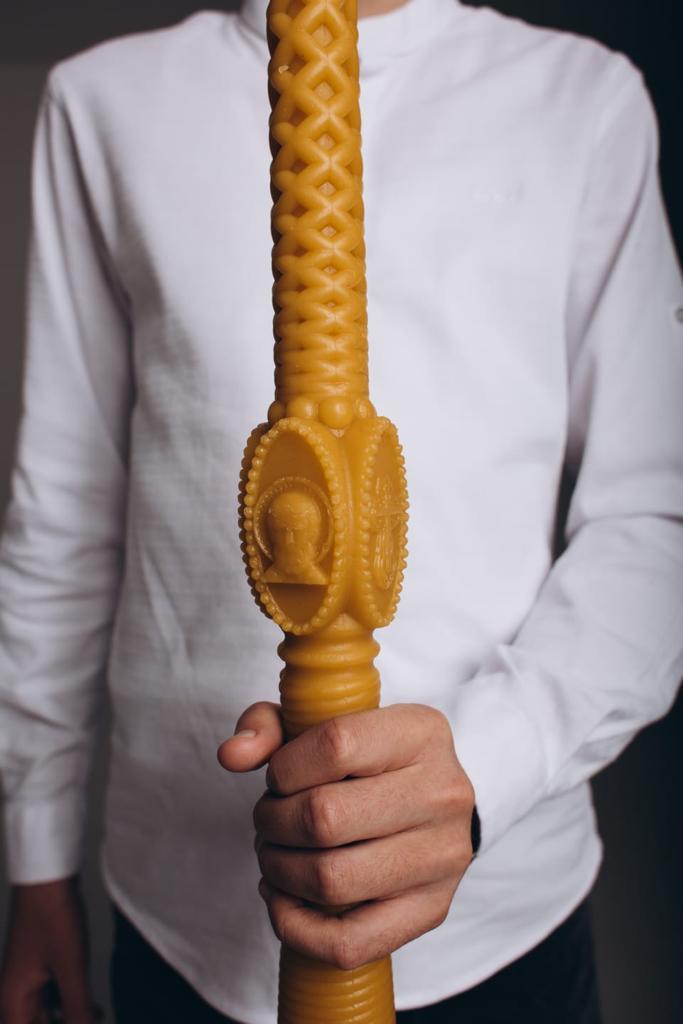 1 pc Long Ritual Candle with Handle – 80 cm – Pure Beeswax, 72 Hour Burning Time, Saint Motifs – Handmade